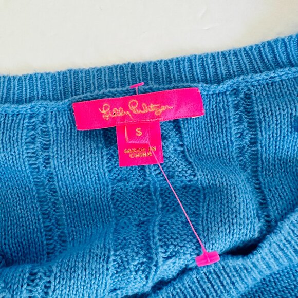 NWOT LILLY PULITZER GRETA CABLE KNIT POM POM RUFFLE BLUE SWEATER - Picture 6 of 6